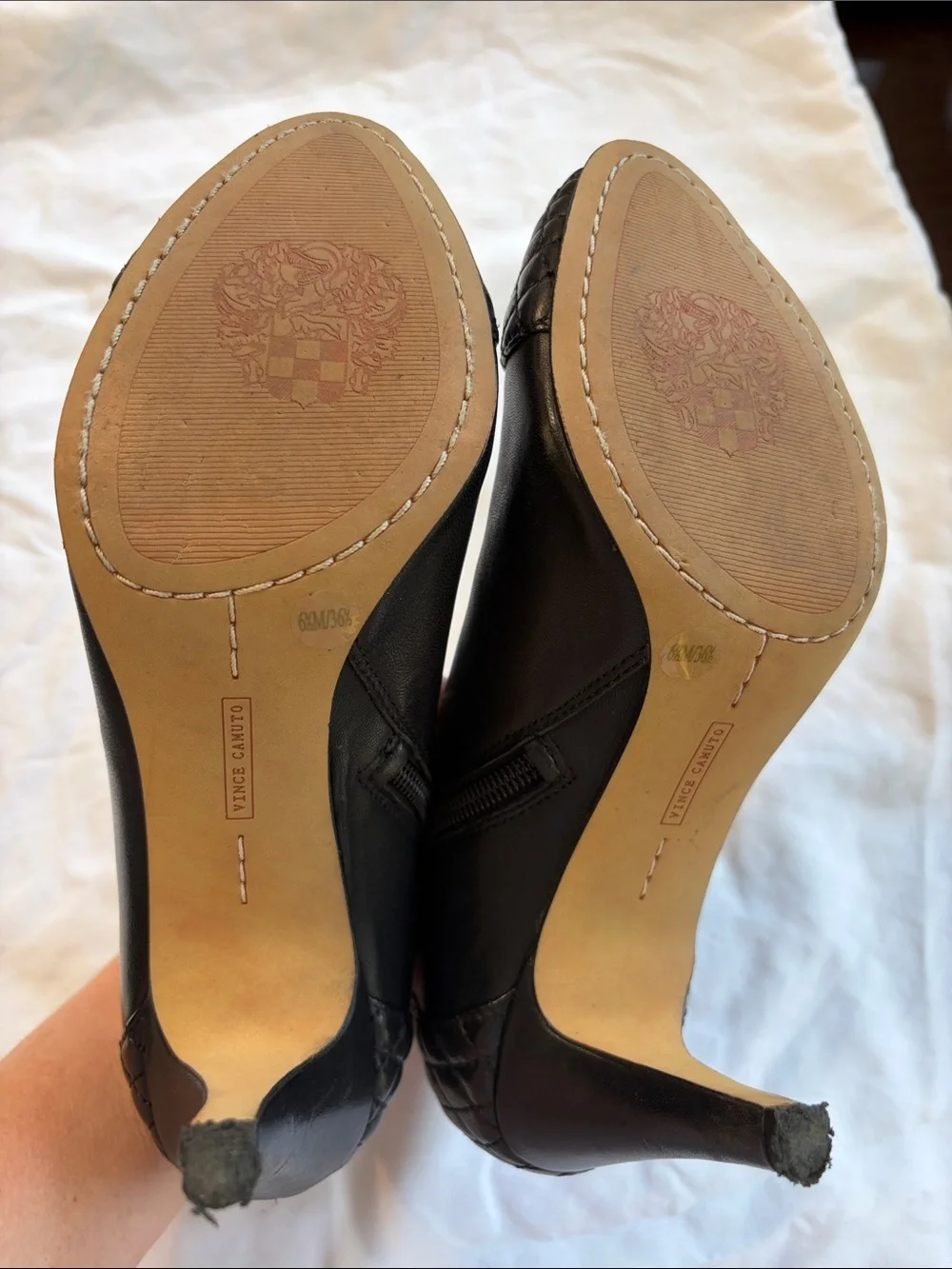 Vince Camuto Black Quilted Cap-Toe Leather Ankle Booties with Gold Zipper